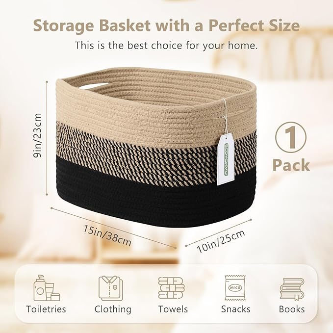 Cotton Rope Storage Basket, 15x10x9 Inches, Woven Basket for Shelves, Clothes, Towels, Books, and Laundry, Gradient Black/Brown (1 Pack)