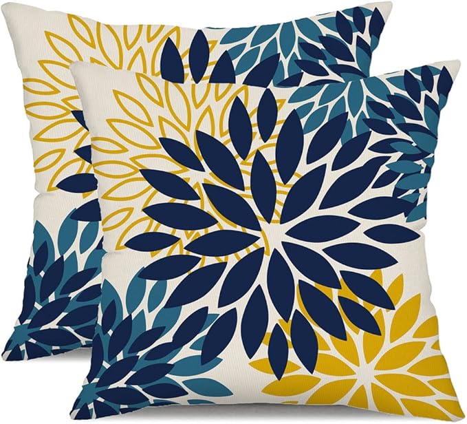 DFXSZ Blue Yellow Flower Pillow Covers 16x16 Inch Set of 2 Outdoor Throw Pillows Outdoor Waterproof Decor for Living Room Sofa Patio Funiture Garden Floral Polyester Pillow Covers 012D16