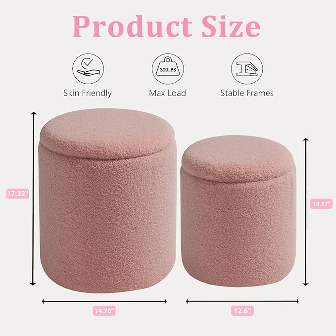 Round Ottoman with Storage Set of 2 - Upholstered Sherpa Vanity Stool for Makeup Multifunctional Ottomans Coffee Table Padded Seat Foot Rest for Living Room & Bedroom (Sherpa Pink)