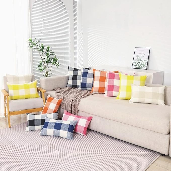 CARRIE HOME Beige Cream Buffalo Plaid Lumbar Pillow Covers 12x20 Set of 2 Neutral Checkered Pillow Covers 12 x 20 Outdoor Farmhouse Lumbar Pillow Covers for Couch, Sofa and Patio