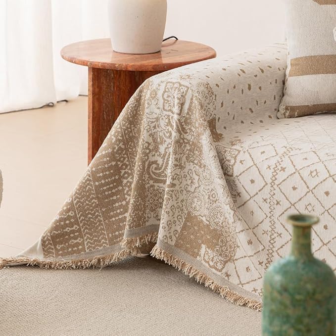 ROOMLIFE Boho Khaki Couch Covers for 3 Cushion Sofa, Chenille Couch Cover Sectional Sofa Cover for Dog, Washable Furniture Sofa Protector Cover Soft Blanket with Tassel for Living Room, 71 '' X 134''