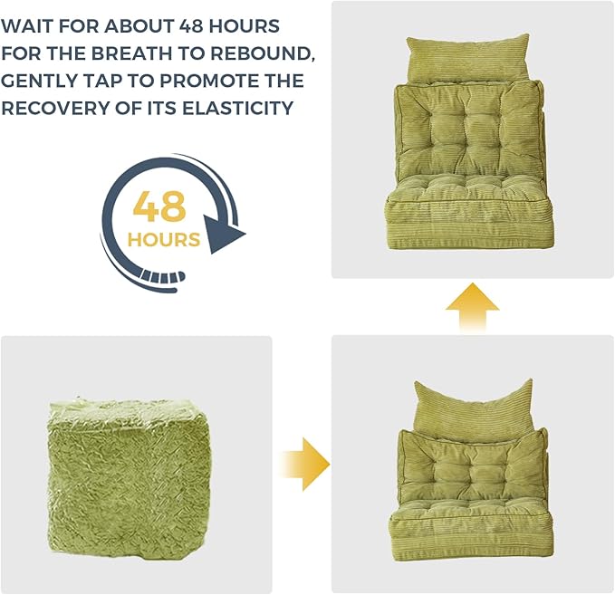 MAXYOYO Folding Sofa Bed, Tufted Bean Bag Bed with Pillows Floor Mattress for Adults, Extra Thick and Long Floor Sofa, Single Couch for Bedroom Living Room, Green, 30x91 Inch
