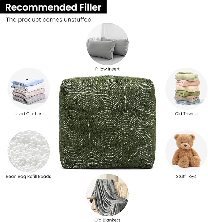 AELS Unstuffed Boho Textured Pouf Cover, Organic Modern Mid Century Rainbow Tufted Storage Bean Bag Cubes, Farmhouse Square Ottoman Pouf Foot Rest Footstool, 18"x18"x18", Cover ONLY, Olive Green