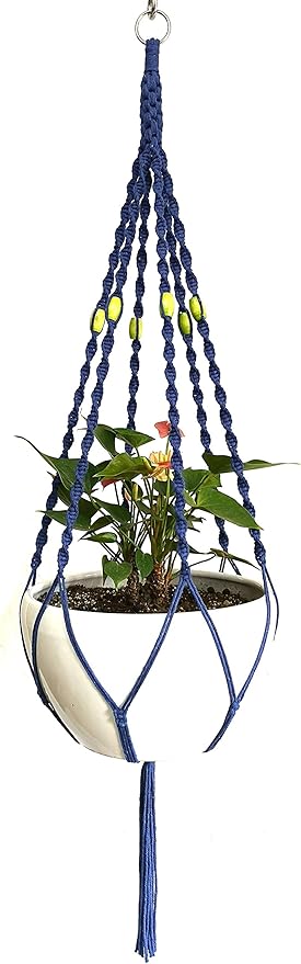 6 Legs Macrame Natural Jute and Cotton Plant Hanger & Holder and Metal Ring, 51-inches Length (Without The White Pot and Plant) (Navy Blue)