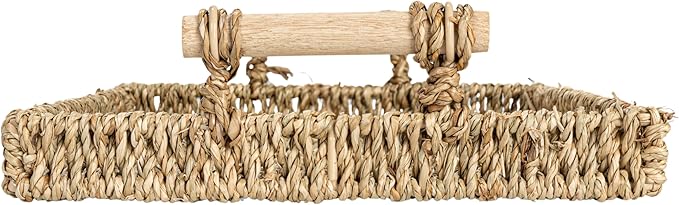 Household Essentials Handwoven Seagrass Rectangular Tray Set with Wood Handles, Natural, Set of 2
