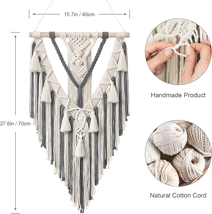 Dremisland Macrame Woven Wall Hanging Boho Geometric Woven Tapestry Beige & Grey Cotton Handmade Bohemian Art Decor with Tassel Craft Ornament for Bedroom Living Room Apartment Nursery (Grey)