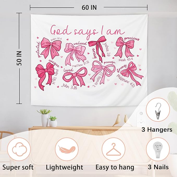 AQYIP Coquette Pink Bow Christian Tapestry Wall Hanging, God Says I Am Inspirational Bible Verse Tapestry Decorative, Pink Girly Christian Wall Decor for Room, 50x60 Inch