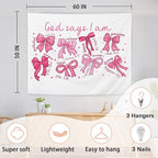 AQYIP Coquette Pink Bow Christian Tapestry Wall Hanging, God Says I Am Inspirational Bible Verse Tapestry Decorative, Pink Girly Christian Wall Decor for Room, 50x60 Inch