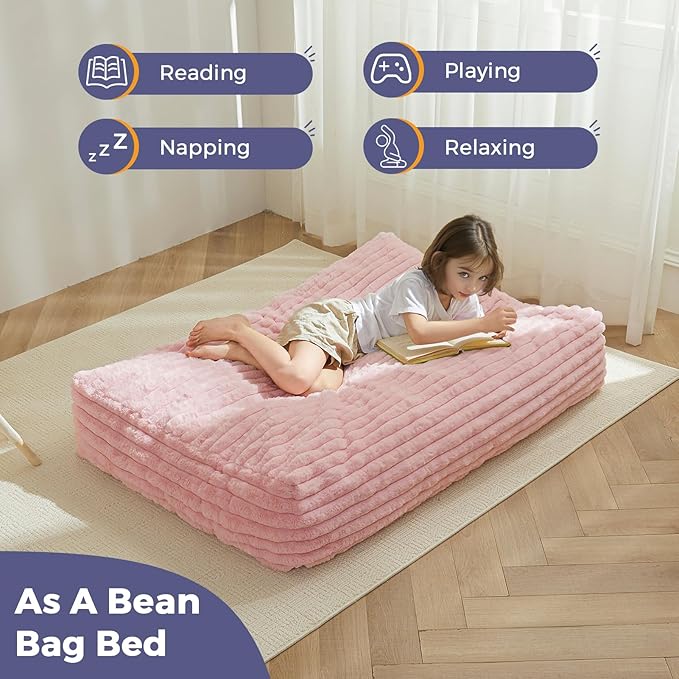 MAXYOYO Kids Bean Bag Chair Bed, Convertible Children Chair to Floor Mattress with Filler, Faux Fur Bean Bag Bed Stuffed Child Sofa Couch for Girl Boy Sleeping, Machine Washable Cover, Pink