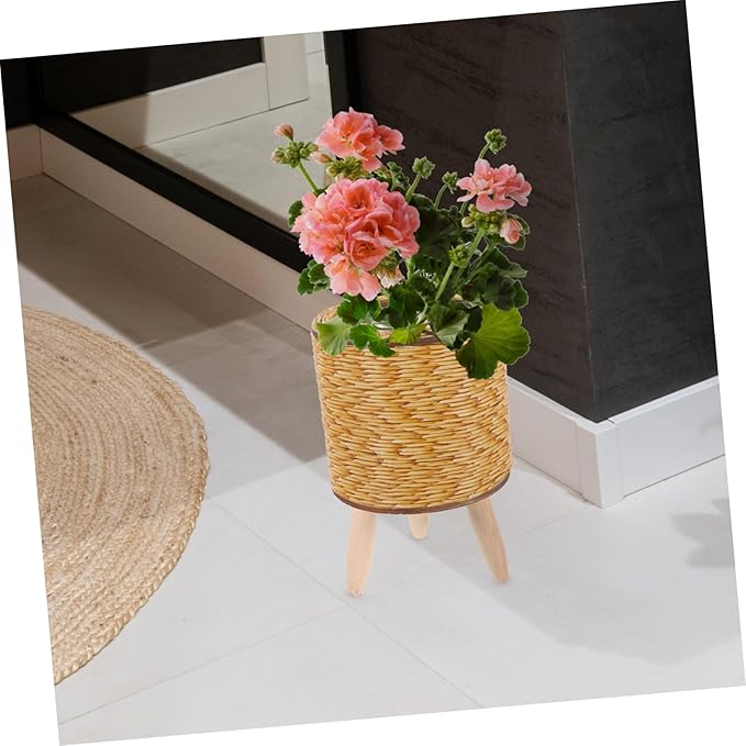 Large Wicker Basket Plant Stand Indoor Wooden Round Woven Planter Rattan Flower Pot Holder Flower Pot Shelf for Home Decor