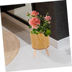 Large Wicker Basket Plant Stand Indoor Wooden Round Woven Planter Rattan Flower Pot Holder Flower Pot Shelf for Home Decor