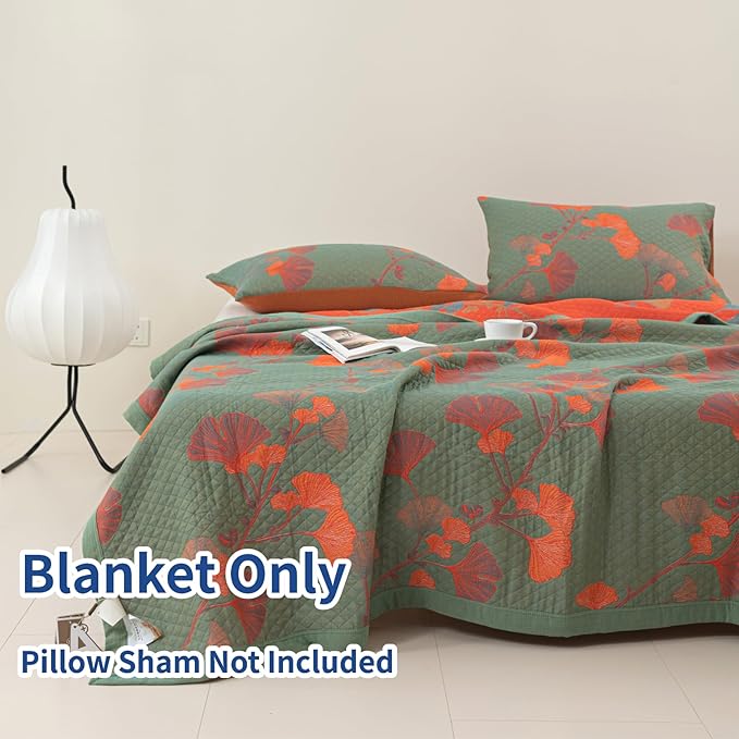 100% Cotton Muslin Blanket Jacquard Green Orange Floral Ginkgo Leaves Quilt, Soft Bed Cover Lightweight Breathable Gauzy Reversible Bedspread Coverlet King(98"x94"), No Pillow Sham