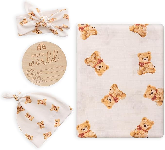 BabyWhale Muslin Swaddle Blanket with Hat and Headband Bow, Bear Pattern Swaddle Set for Baby Boys ＆ Girls, Newborn Breathable Receiving Blanket Wrap, Large 47x47 inches