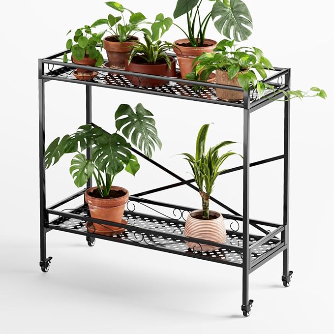 Zhongma 2 Tier Window Height Sturdy Metal Plant Stand with Wheels, 40.5x16x39.4 Inch High, Heavy Duty Succulent Shelf for Home Indoor and Outdoor, 440 LBS Capacity & Heavy Duty Construction