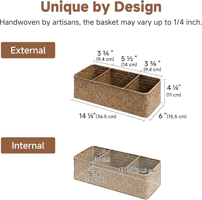 StorageWorks Toilet Paper Basket for Back of Toliet，with 3-Compartments, Bathroom Basket Organizer, Seagrass Toilet Tank Basket, Brown, 2-Pack