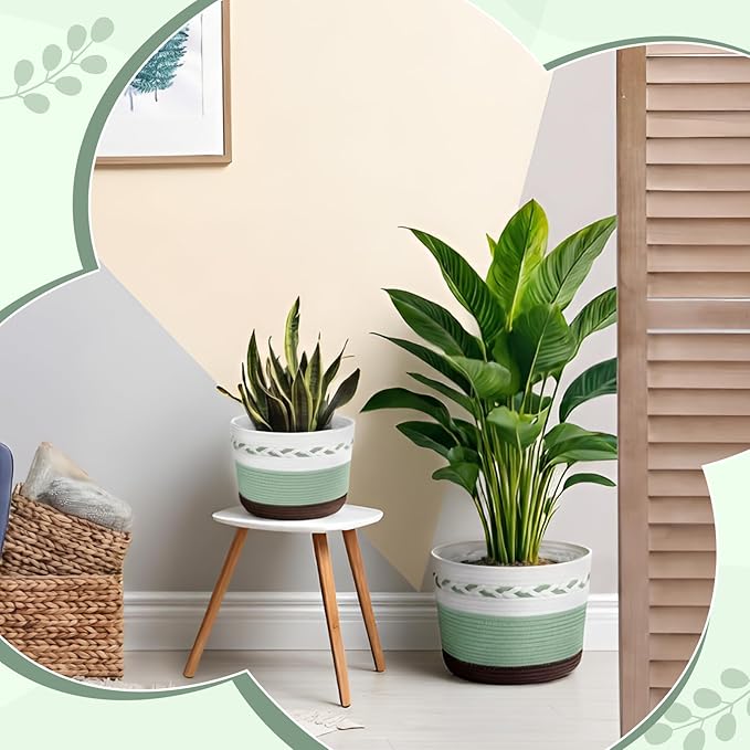 Remerry 3 Pcs 7" 9" 13" Cotton Rope Plant Baskets Indoor with Plastic Liner 3 Colorful Straw Woven Plant Basket Indoor Green Round Wicker Basket for Living Room Floor Potted Pots Decor