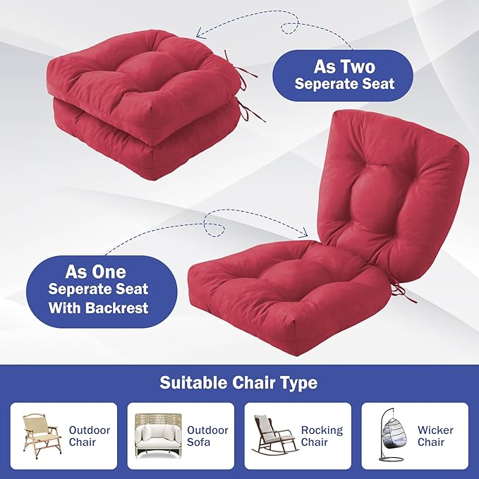 Outdoor Chair Cushions Set of 2, Patio Chair Cushions with Ties, 19x19+5” Tufted Outdoor Seat Cushions, Waterproof Patio Furniture Cushions, Outdoor Dining Chair Pads, Burgundy