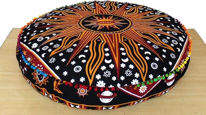 35 X 35 Inch Large Mandala Floor Pillow Cushion Seating Throw Cover Hippie Decorative Bohemian Ottoman Poufs, Multi Pom Pom Pillow Cases,Boho (Yellow Burning Sun, 35X35X6 Round)