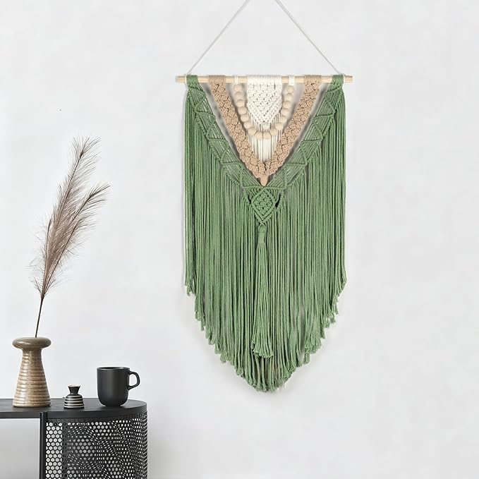 EOBTAIN Green Macrame Wall Hanging Boho Home Decor,Handmade Craft Handwoven Tapestry for Gallery Nursery Living Room,Natural Cotton Cord and Wood Beads Tassel Bohemian Art Decoration,30 Inch