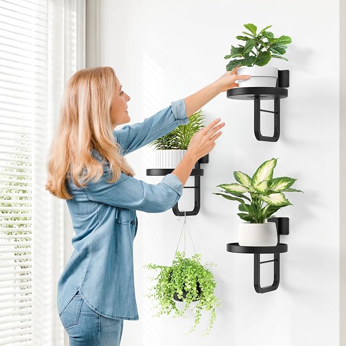Wall Plant Holder, 7.9 Inch Hanging Plant Holder Wall Planters for Indoor Plants, Wall Mounted Plant Holder Window Plant Shelves for Outdoor Metal Wall Planter Black 3Pcs