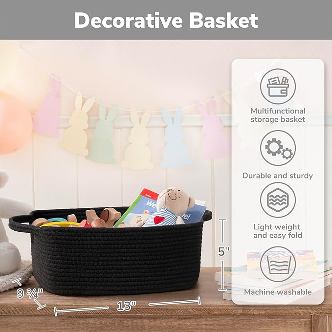 CHICVITA Storage Basket for Gifts, Cute Cotton Rope Baskets for Nursery, Small Gift Basket with Handles, Decorative Woven Baskets for Bathroom, 13 x 9.8 x 5 inches, Black