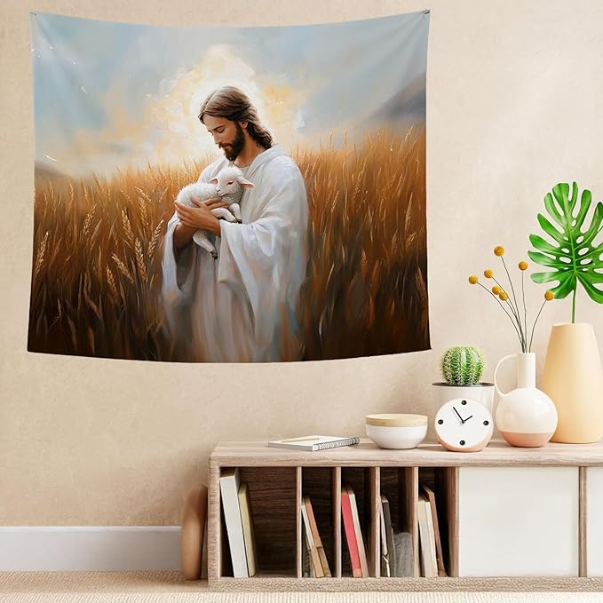 bitCNY Jesus Holding Lamb Tapestry – The Good Shepherd Christian Wall Decor, Religious Art for Faithful Homes, 50x60 Inch Soft Fabric