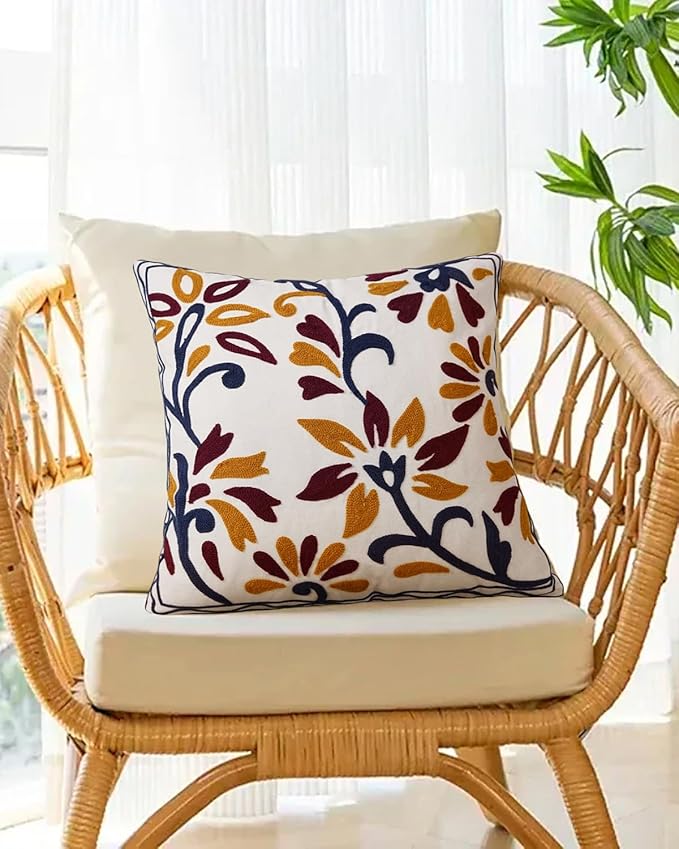 Embroidered Floral Boho Throw Pillow Cover 18x18 Inch - Decorative Cotton Pillow Case for Couch, Sofa, Bedroom, Living Room - Farmhouse Home Aesthetic Housewarming Gifts (Vintage Charm, 18" x 18")