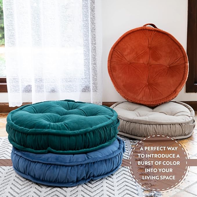 English Home Floor Pillow, Round Boho Floor Pillow, Thick Quilted Seat Cushion, Cat and Dog Bed, Comfortable Floor Cushions for Adults, Soft Meditation Cushion, Bench Cushion, Beige, 22" 5" Inch