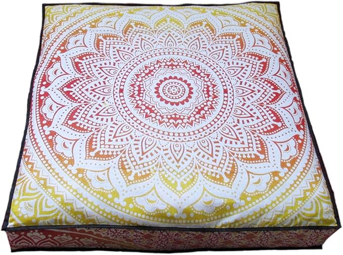 ICC Large Square Floor Pillow Cover Hippie Ottoman Pouf Cover Daybed Cotton Mandala Cushion Cover with Heavy Duty Zipper Seating Ottoman Poufs Dog-Pets Bed (Yellow/ Orange Ombre, 35" Square)