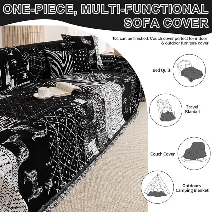ROOMLIFE Boho Black Couch Covers for 3 Cushion Sofa, Chenille Couch Cover Sectional Sofa Cover for Dog, Washable Furniture Sofa Protector Cover Soft Blanket with Tassel for Living Room, 71 '' X 134''