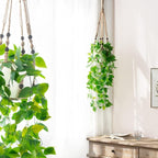 Mkono 2 Packs Fake Hanging Plant with Pot, Artificial Plants for Home Decor Indoor Macrame Plant Hanger with Faux Vine Hanging Planter Greenery for Bedroom Bathroom Office Decor, Brown (Pothos)