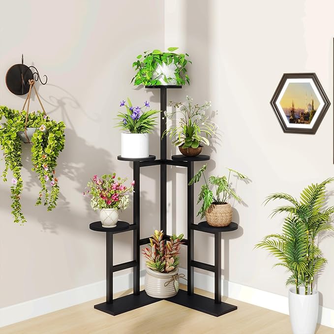 IBUYKE 6 Tier Plant Stand Indoor, Tall Flower Pot Stand for Multiple Plants, Tiered Corner Plant Shelf for Living Room Patio Balcony Garden, , Black TMJ072B