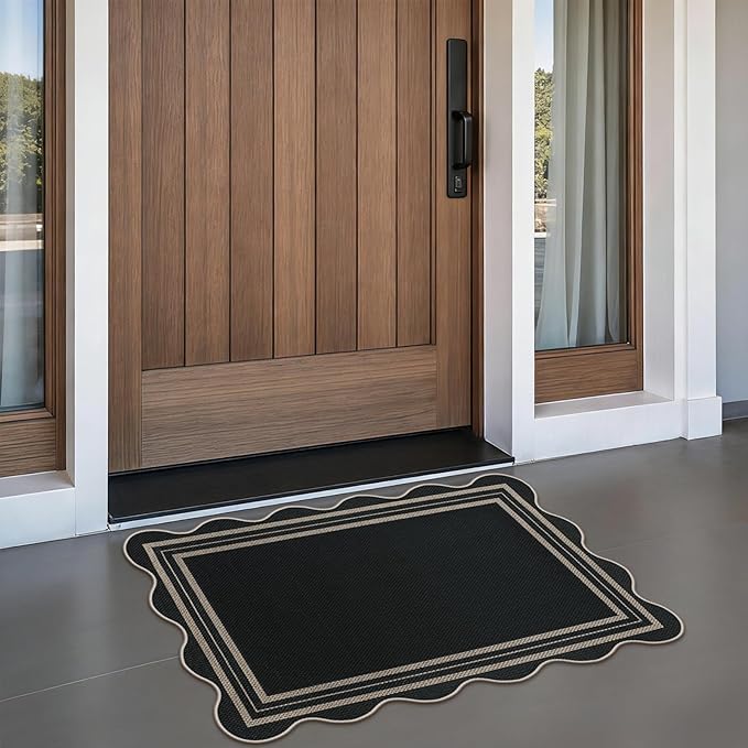 Easy Jute Black Kitchen Rug, 2x3 Front Door Mat Washable Non Slip Small Entryway Rug, Indoor Outdoor Farmhouse Scalloped Doormat for Bathroom Doorway Porch