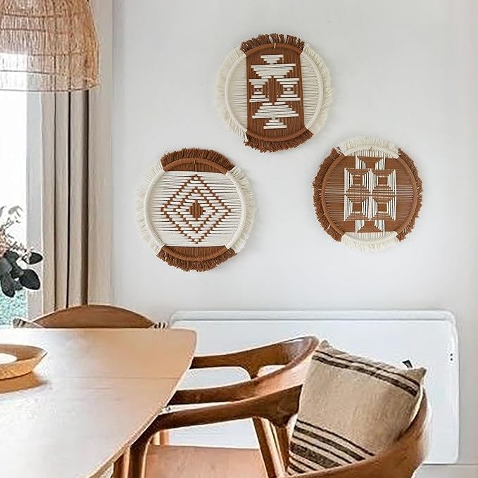 Flber Macrame Wall Hanging Boho Decor Set of 3 – Handmade Round Geometric Woven Cotton Rope Art for Living Room, Bedroom, Entryway or Bohemian Wall Display