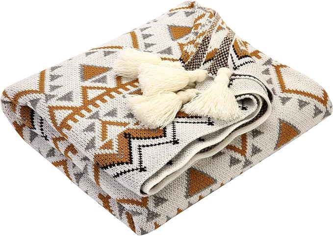 Knitted Queen Size Throw Blanket - Lightweight Breathable Summer Soft Blanket of Polyester Imitation Cotton for Anti-Static,Luxury Throws for Bed, Couch and Sofa,Yellow Tassel Pattern