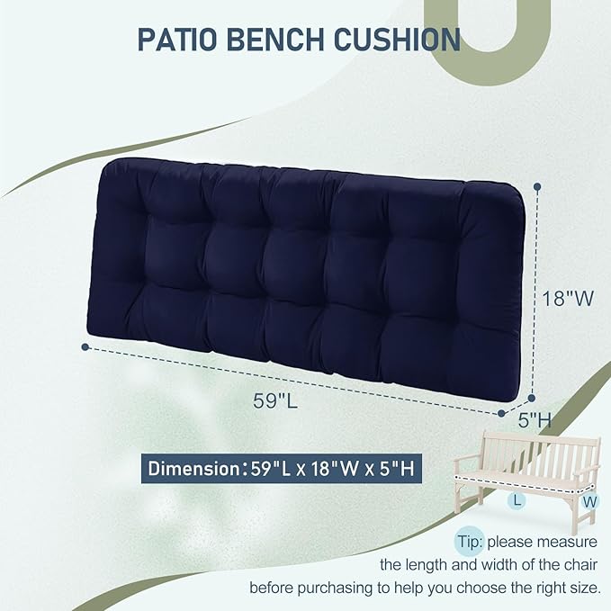 downluxe Outdoor Bench Cushion for Patio Furniture, Water Resistant Tufted Overstuffed Porch Swing Cushions, Thick Outdoor Loveseat Cushions, 59" x 18" x 5", Navy, Set of 1