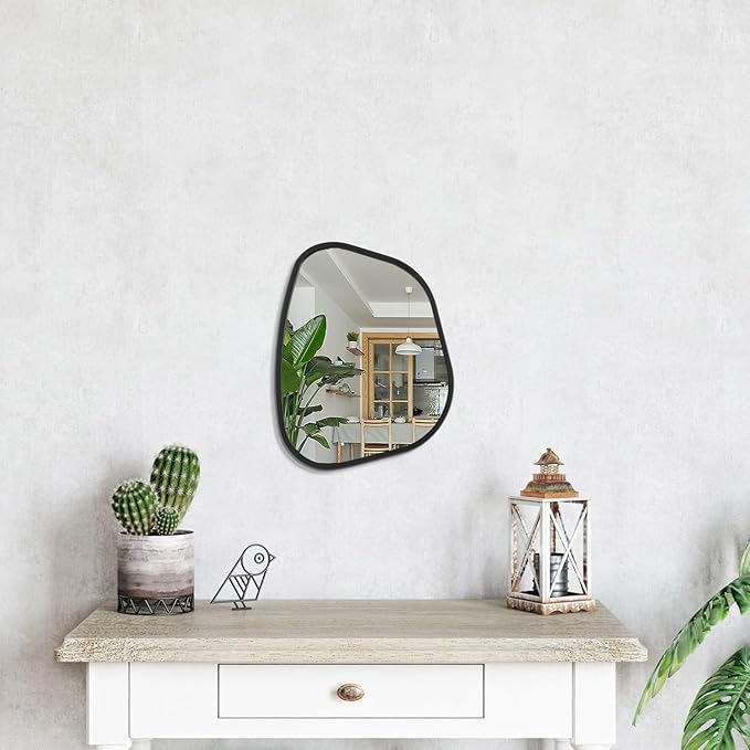 Black Asymmetrical Mirror Irregular Oval Wall Mirror Modern Wood Frame Unique Shape Wall Mounted Vanity Artistic Mirror Decorative for Living Room Bedroom Bathroom Entryway Large 16"x12"