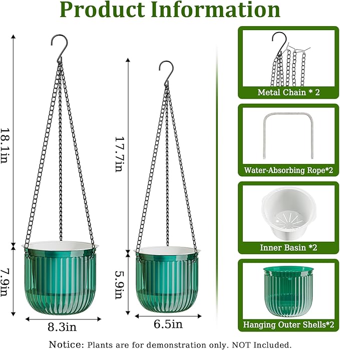 Halatool 2 Pack Hanging Planters Indoor Plant Pots, 6.5" & 8.3" Self Watering Hanging Basket Flower Pot, Translucent Plant Hanger with Drainage Holes for Garden Home Wall Decor (Peacock Green)
