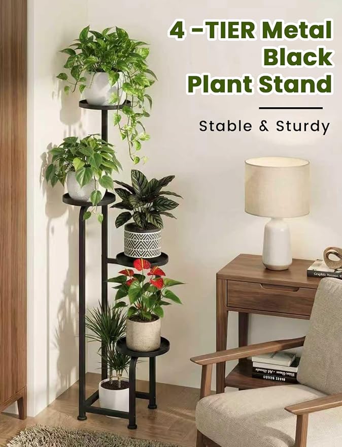TOSKING 4 Tier Corner Plant Stand Indoor Outdoor, Heavy Duty Metal Flower Pot Holder Shelf for Multiple Plants, Space Saving ,Tall Metal Plant Stand with Drainage Holes for Outdoor Use,Tiered Display for Patio, Garden, Balcony, Living Room Decor (Black...