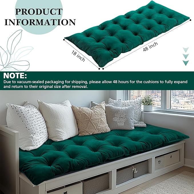 Bench Cushion for Indoor Furniture 48x18 in Velvet Thicken Indoor Window Seat Cushion, Piano Sofa, Entryway Storage, Bay Window Tufted Patio Porch Swing Bench Pad Memory Foam(Green)