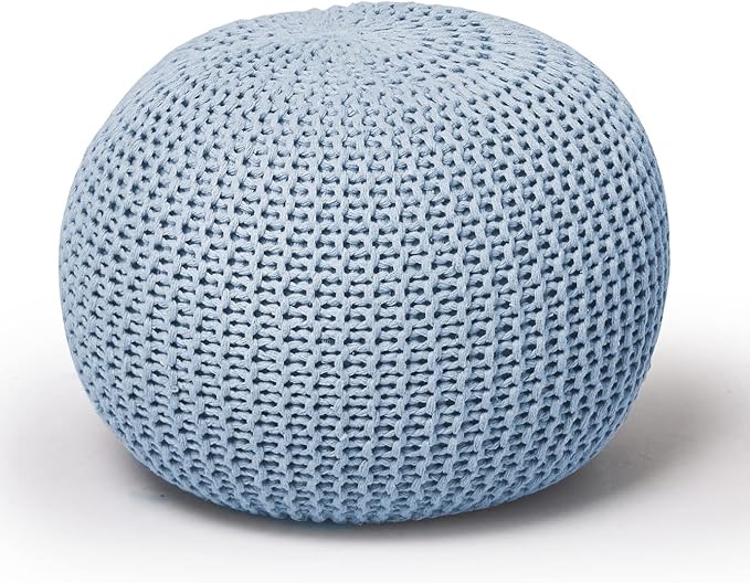 Urban Lifestyle Round Knit Pouf - Hand Woven Cotton, Light Blue