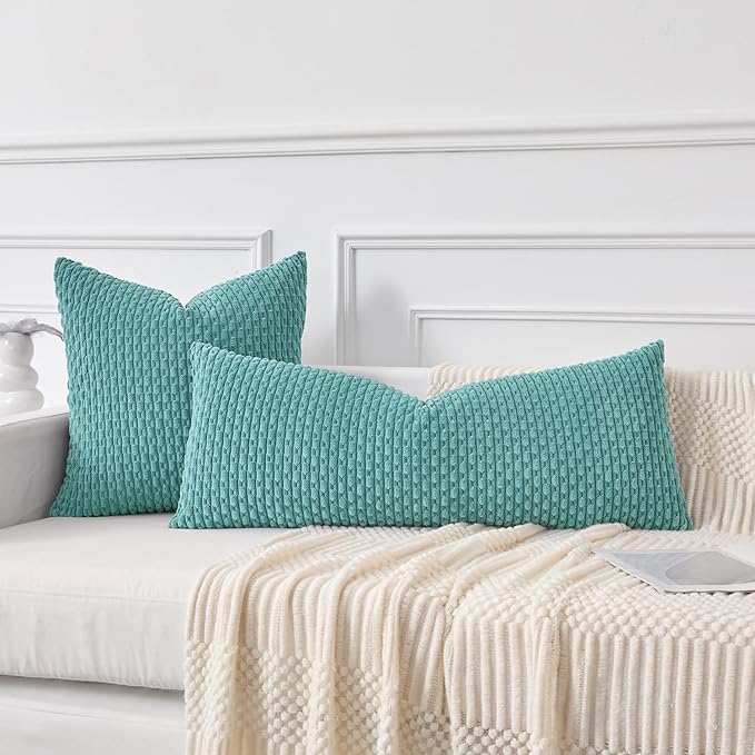 Kevin Textile 14x36 Inch Long Lumbar 1 Pack Boho Decorative Throw Pillow Cover Soft Striped Corduroy Rectangle Cushion Case Farmhouse Solid Color Accent for Living Room Couch Sofa Bed, Aqua Green