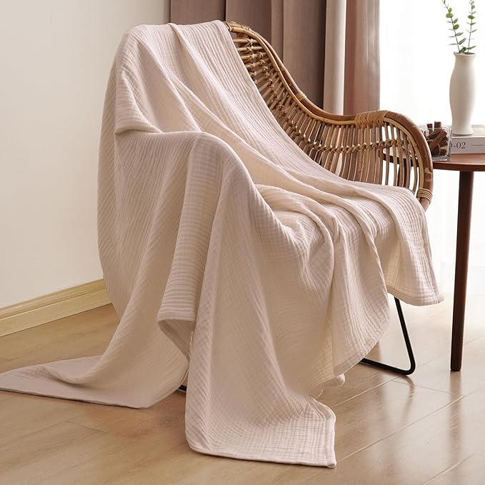 PHF 100% Cotton Muslin Throw XL Blanket Large 50" x 70", 4-Layer Lightweight Gauze Throw, Breathable Cloud-Soft Minimalist Blanket for Bed, Couch, Camping & Baby, Dusty Pink, Ideal Gift