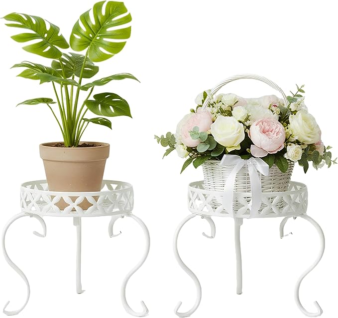 TOPZEA 2 Pack Metal Plant Stand for Flower Pot, Heavy Duty Potted Plant Holder Support Rack, Rustproof Iron Round Plant Pedestal Display Stands for Indoor Outdoor, Floor, Garden, Patio, Balcony, White