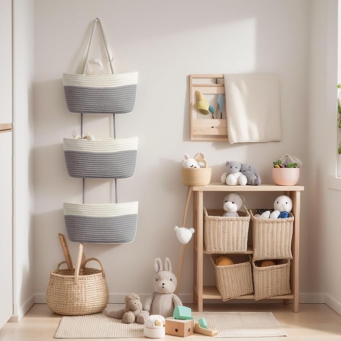 Hanging Baskets for Organizing,3-Tier Woven Cotton Wall-Mounted Storage Organizer Bag Decorative,Kitchen,Living Room,Bedroom,Nursery