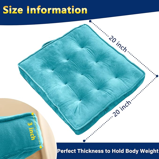 Floor Pillow Set of 2, Memory Foam Meditation Cushion, Floor Cushions for Adults Sitting, Large Square Seat Cushions for Yoga, Couch, Sofa, Kids, Living Room, 20x20 Inch (Blue)