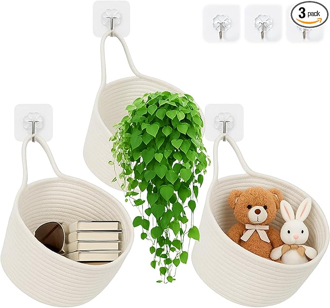 ShellKingdom Hanging Baskets, 3Pack Woven Wall Mounted Storage Basket with 3 Pcs Hooks, Boho Pouchs Bag Organizers for Home Office Living Room Bathroom Door Wall Decoration Caddy Bins (White)