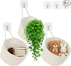 ShellKingdom Hanging Baskets, 3Pack Woven Wall Mounted Storage Basket with 3 Pcs Hooks, Boho Pouchs Bag Organizers for Home Office Living Room Bathroom Door Wall Decoration Caddy Bins (White)