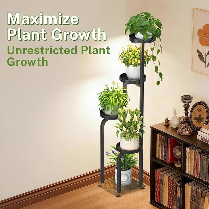 iDavosic.ly Tall Plant Stand Indoor with Grow Light, 4 Tier Corner Multiple Flower Holder Shelf with Metal Trays, Space Saving Display Rack for Living Room Balcony Patio Porch | Black & Brown