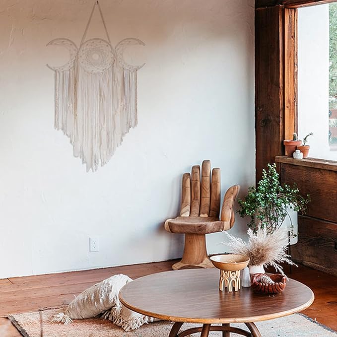 ANROYE White Triple Moon Goddess Macrame Wall Hanging, Boho Crescent Dream Catcher, Bohemian Dreamcatcher for Women Bedroom, Woven Tapestry-Witchcraft Gift, Pagan Decor for Adults Decoration